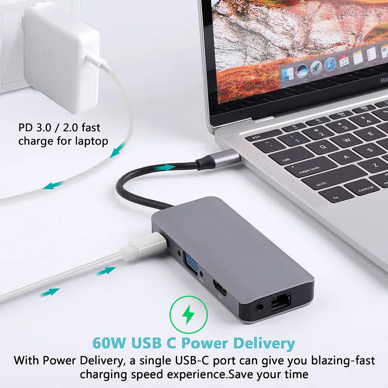 Baolyda USB C HUB 9in1 Thunderbolt 3 Adapter USB Type C HDMI VGA 4K Gigabit Ethernet Montiport Adater for Macbook Pro Type-c PC