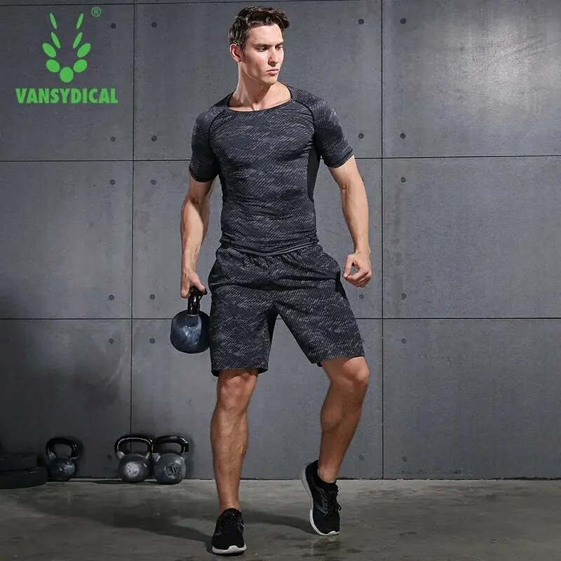 Фото Vansydical спортивные костюмы для бега для мужчин s фитнес шорты с коротким рукавом комплект из 2 предметов Спортивная одежда мужские тренировочные костюмы куртка с капюшоном для бега №5