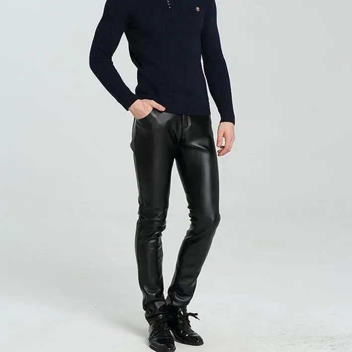 mens leather thermal trousers autumn and winter velvet thickening high waist motorcycle slim mens leather pants