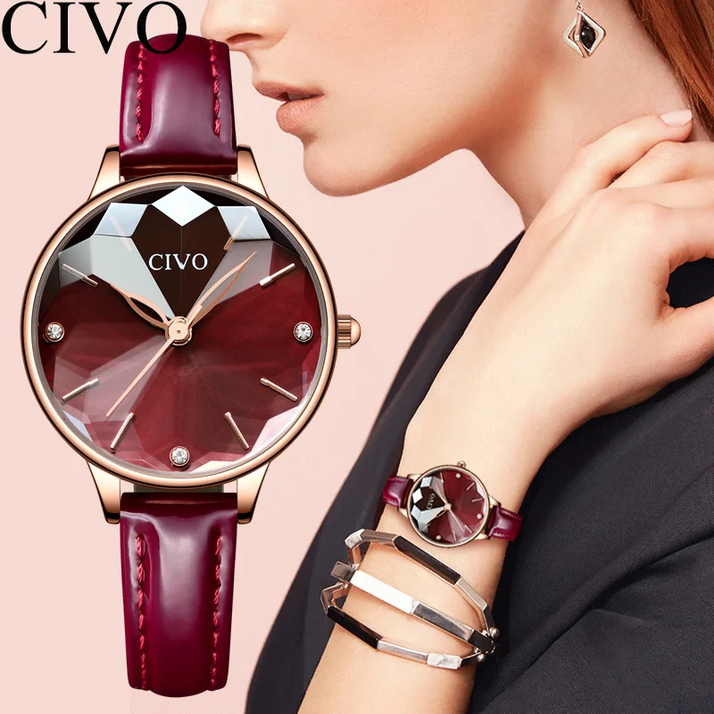 CIVO, модные роскошные часы для женщин, водонепроницаемые, красное вино, кожа, бриллианты, часы для женщин, повседневные, кварцевые, женские наручные часы, Reloj Mujer