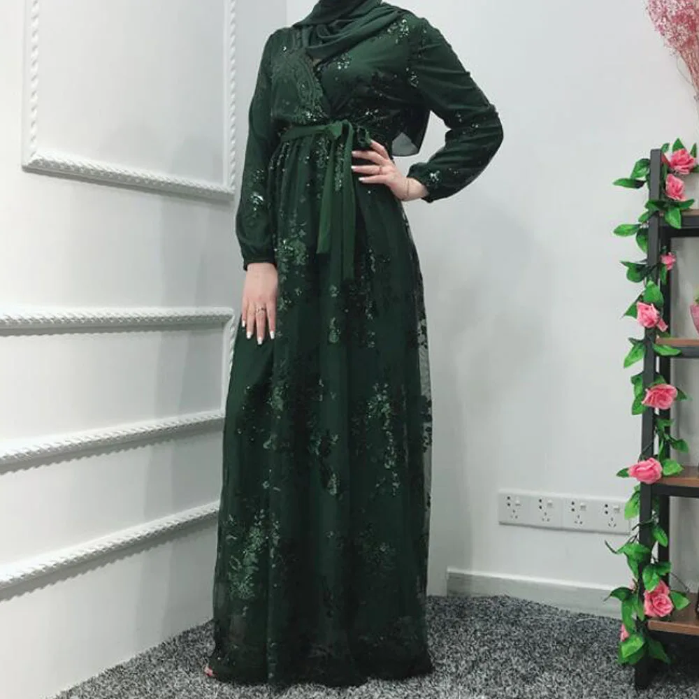 Green Abaya Роскошное кружевное платье-Кафтан абайя мусульманский джлибаб с блестками ислам ic кардиган кимоно Макси платье ислам Дубай Кафтан абайя Арабская одежда - Цвет: Green Abaya