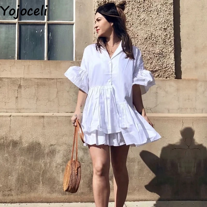 Yojoceli элегантное платье-рубашка с большими оборками женское летнее белое