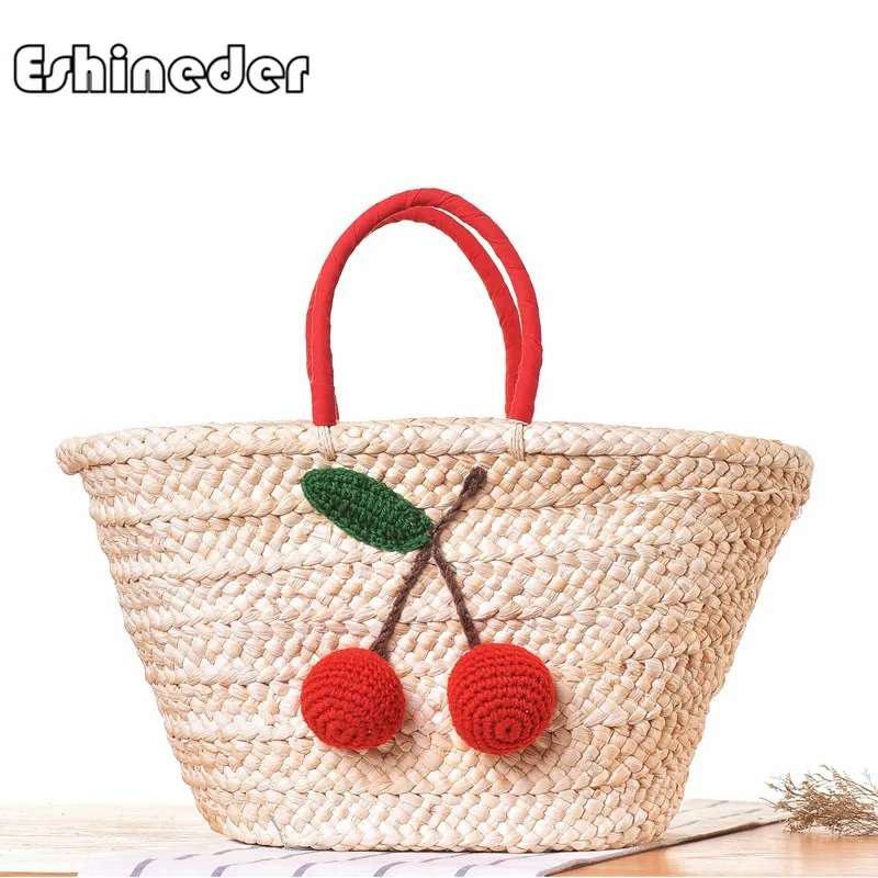 ESHINEDER тканые соломы HandbagsRed вишня шар помпон пляжные сумки для женщин на плечо