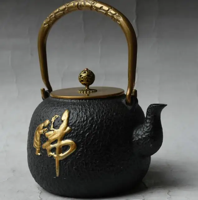 9&quot China iron Pot Gilt Buddha Monk Portable Lid Kettle Teakettle Teapot Chinese | Statues &amp Sculptures
