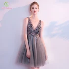 Женское короткое коктейльное платье SSYfashion, элегантное серое платье без рукавов с v-образным вырезом и блестками, индивидуальный пошив