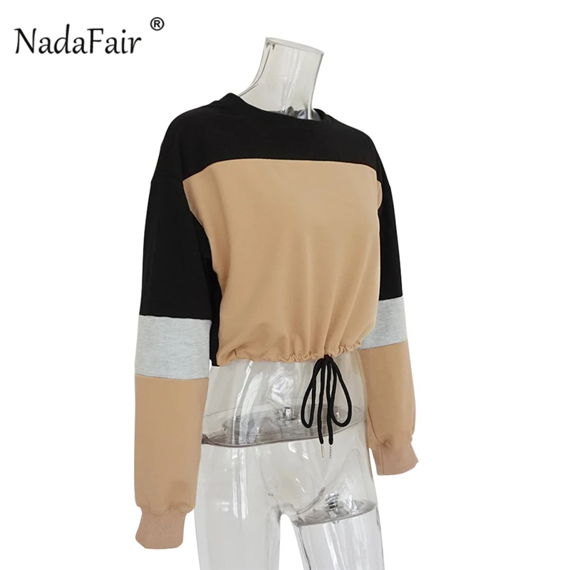 Nadafair Лоскутные Kpop свитшоты женские черные желтые с вырезом лодочкой на шнуровке короткие толстовки с длинным рукавом осенние укороченные свитшоты