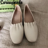 careaymade korean simple square fashionable real leather on lazy shoes womens retro literary and artistic comfort shoes