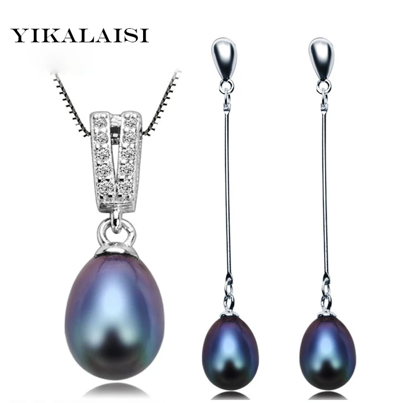

YIKALAISI 2017 100% Natural Pearl Jewelry Set For Women 925 sterling Silver Pendant Necklace Drop Earring 8-9 mm Pearl