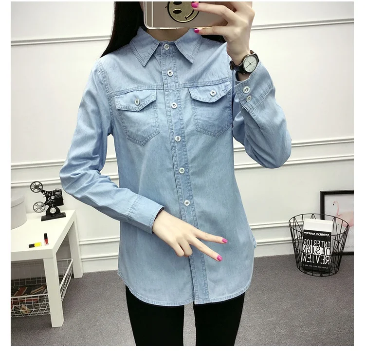 Spring Autumn women Classic basic style Turn-down Collar full-sleeve blouse pocket Button single Breasted Denim shirt casual top