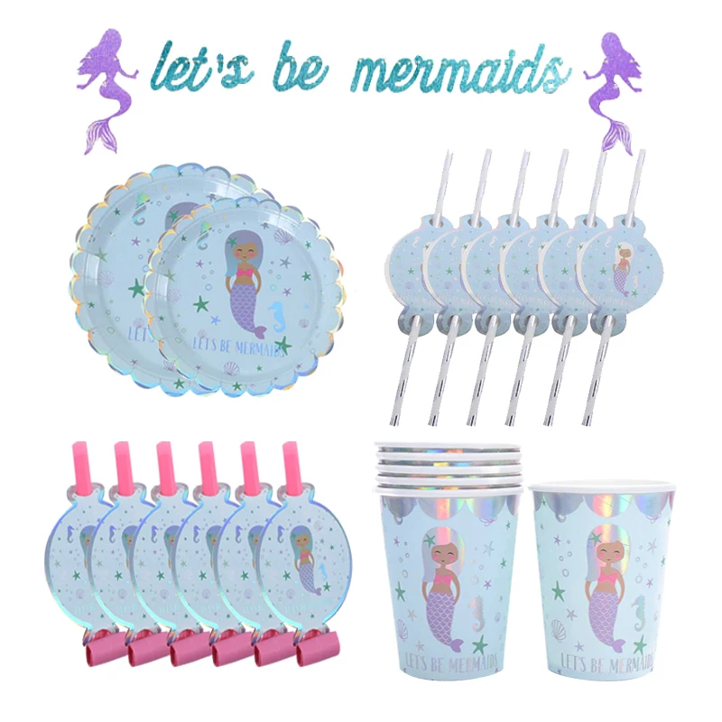 1 Набор, серия "Русалка", бумажные соломинки/чашки/тарелки, одноразовые столовые приборы, набор, детское украшение стола для свадьбы/дня рождения/вечерние принадлежности