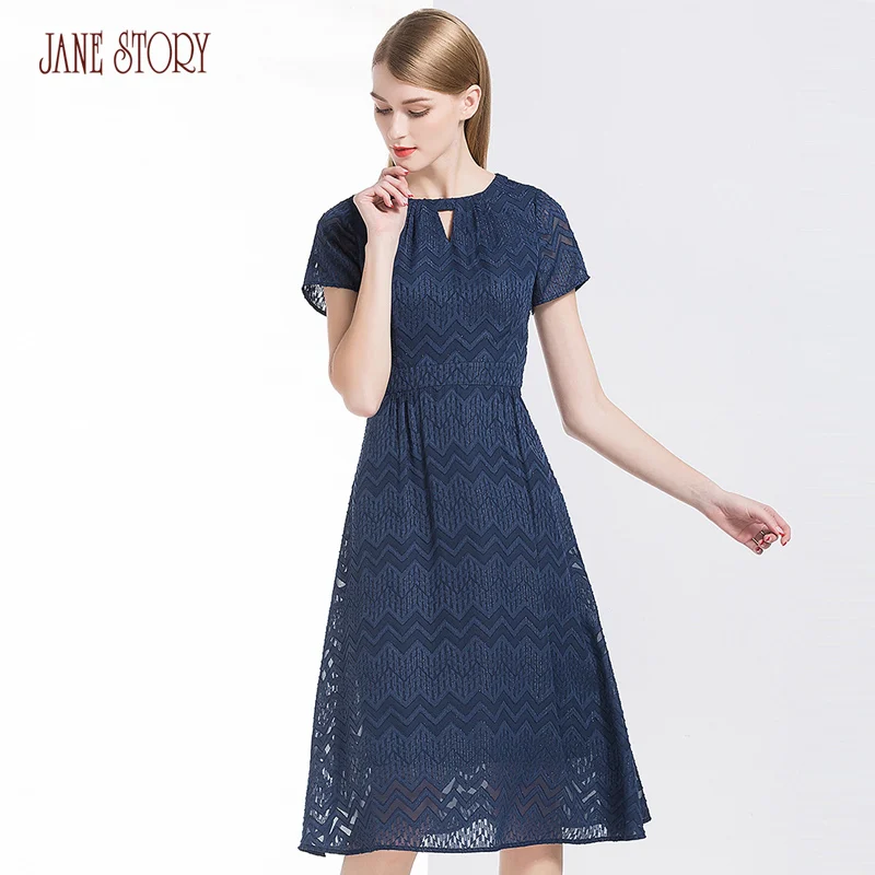 Jane Story 2018 Summer Women Dress O Neck Chiffon Jacquard Flower Elegant Short Sleeve Mid-Calf Office Lady Female | Женская одежда