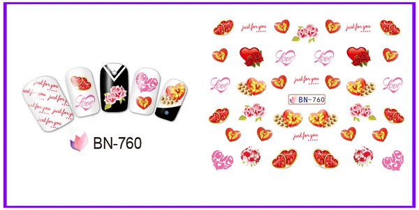 UPRETTEGO 12 упак./лот переводка NAIL ART Наклейки для ногтей на День святого Валентина свадьбы Kiss Bear сладкое сердце чашка любовь BN757-768