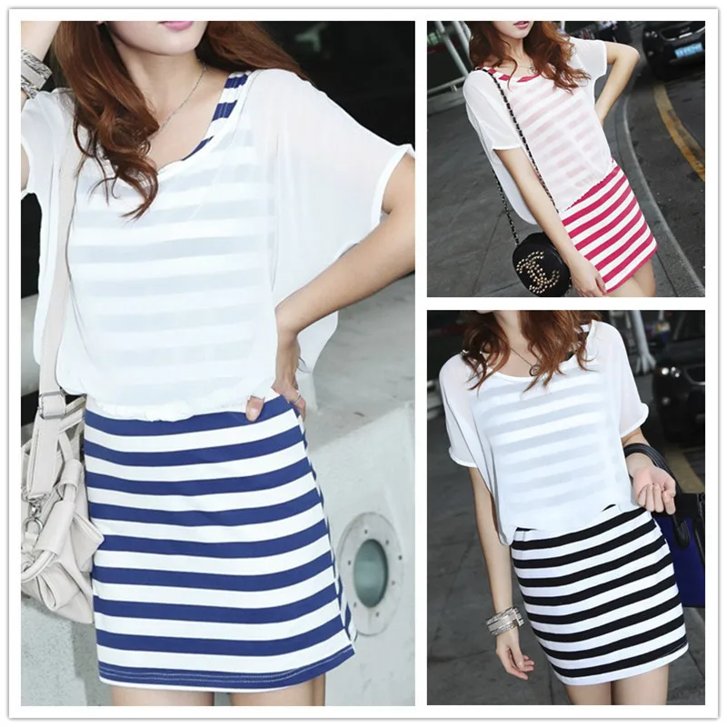 2014 new design Chiffon blouse stripe summer dress fashion Two-piece big size casual girl's free shipping | Женская одежда