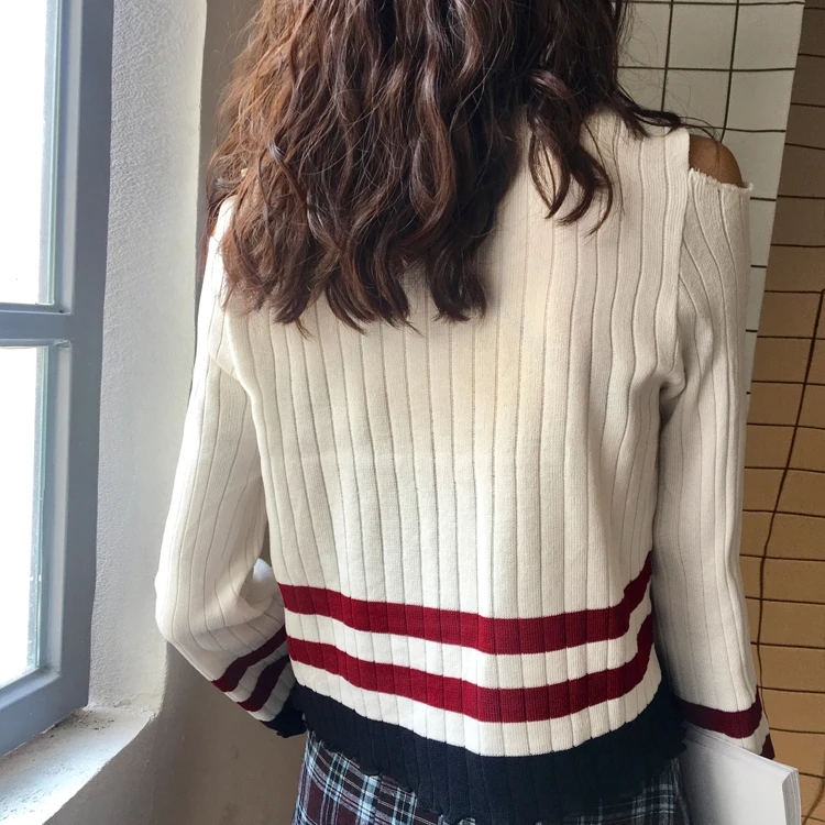 WHITNEY WANG 2018 Autumn Fashion Streetwear Korean Style Hollow out Shoulder Striped Sweater Women jumper pull femme Pullovers | Женская