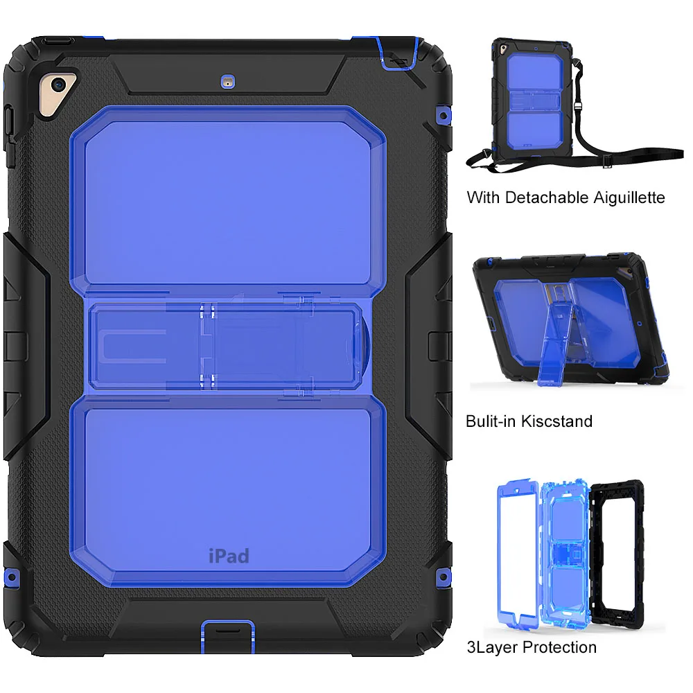 blue Для iPad Air 2 Чехол, 3 слоя, прочный, противоударный, силиконовый, бампер, защитный, подставка, детский чехол, чехол для iPad Air 2 9,7 с ремешком - Цвет: blue