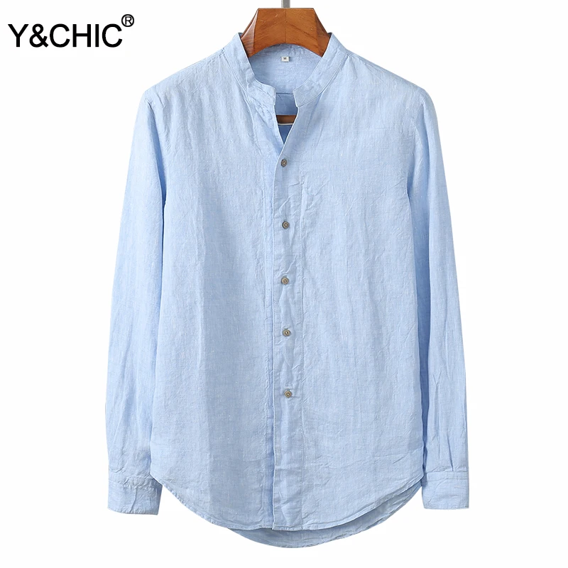 Мужская льняная рубашка с длинными рукавами Y &amp CHIC Классическая однотонная