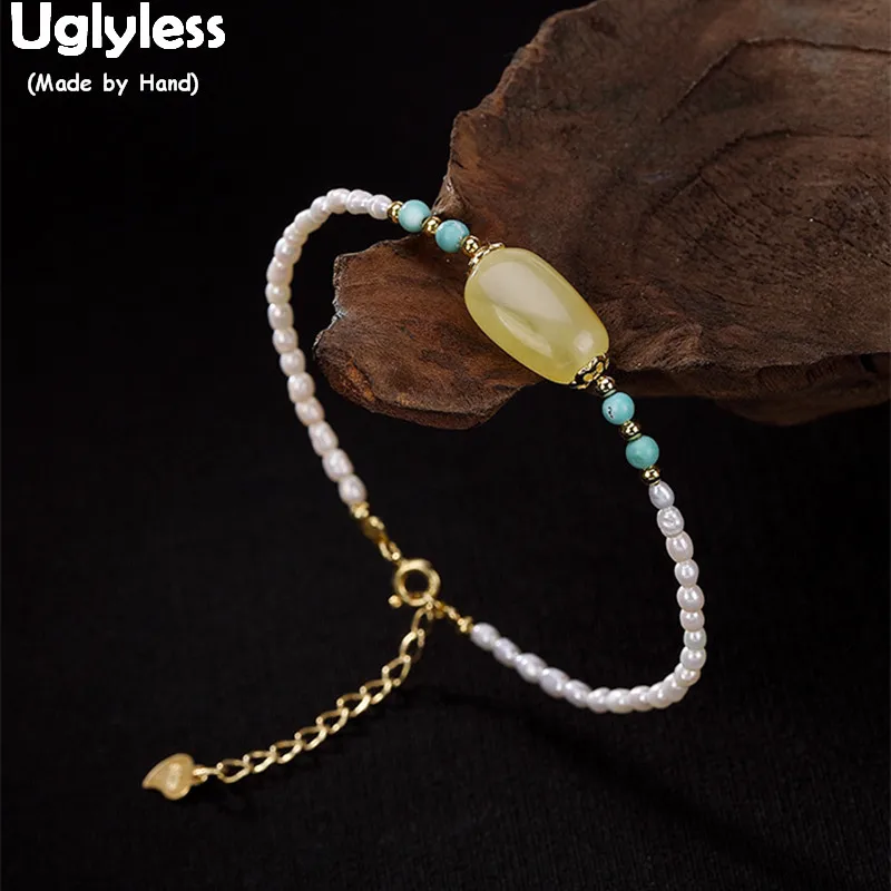 

Uglyless 100% Real Natural Pearls Bracelets for Women Handmade Beading Bracelets Amber Fine Jewelry Bohemia Turquoise Bangles