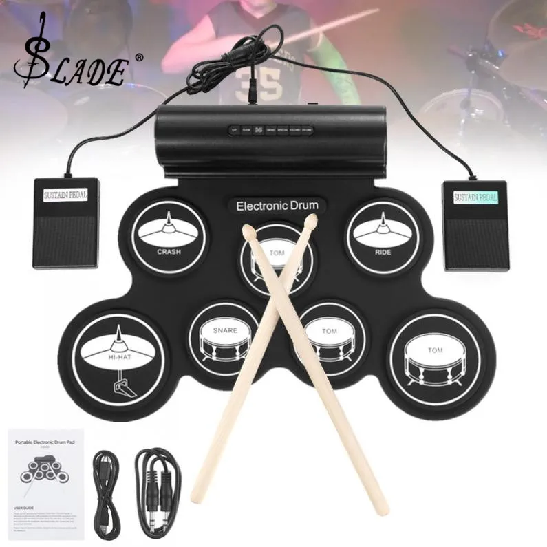 Electronic Drum Digital USB MIDI 7 Pads Roll Up Set Silicone Electric Drum Pad Built-in Speakers with Drumsticks Sustain Pedal