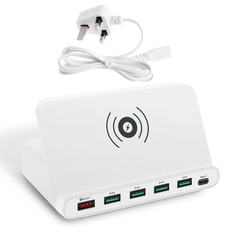 UK WHITE 7-в-1 Беспроводной Зарядное устройство QC 3,0 Быстрая зарядка 5 Порты usb Тип C зарядная док-станция для iphone samsung смартфона Xiaomi - Тип штекера: UK WHITE