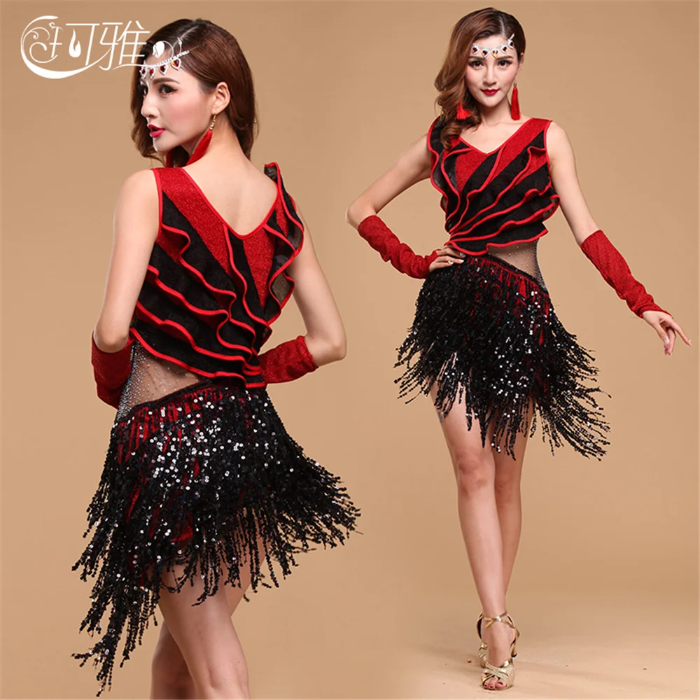 

2019 Multilateral Fringe Ballroom Dance Competition Dresses Sequin Latin Dance Costume Tassel Rumba/Salsa Dress