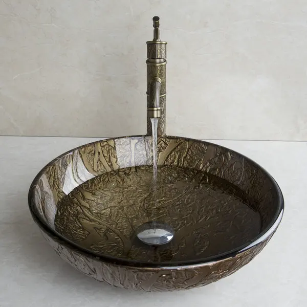 Раковина из закаленного стекла BrownRound с античным латунным смесителем для ванной