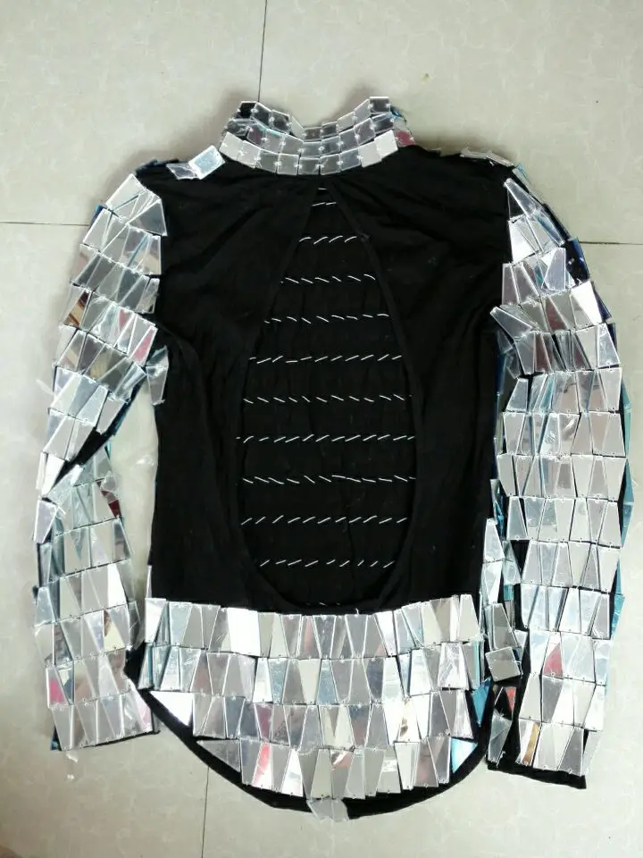 Women Silvery Reflective mirror Bodysuit Double-sided Hand Sewing Sequins Long Sleeve Bodysuits Singer DJ Catwalk Stage Costumes
