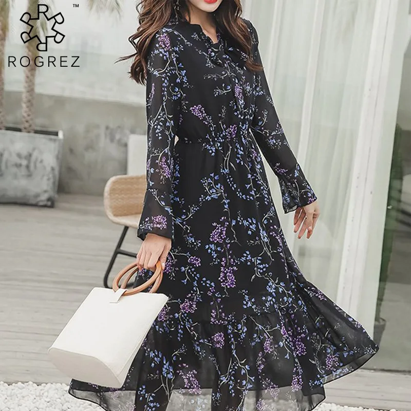 ROGREZ фиолетовый черный элегантный винтажный цветочный принт с длинным рукавом до