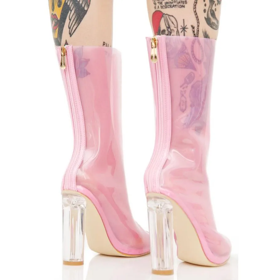 KALMALL Summer Transparent PVC Women Short Boots Kim Kardashian Style Ankle Boots Pointed Toe Clear Block Heels Women Rainboots