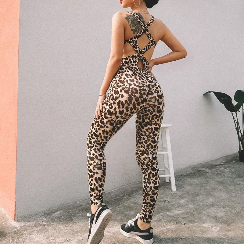 

New Women Hollow Cross Backless Leopard Jumpsuit Fitness Leopard Print Women's Elasticity Jumpsuit