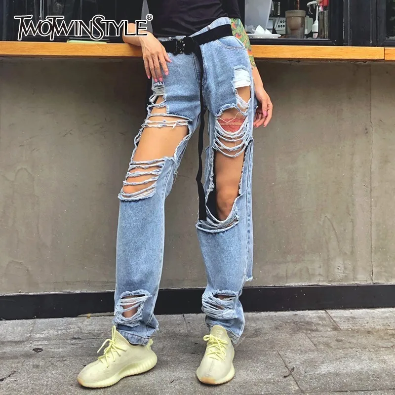 TWOTWINSTYLE Streetwear Ripped Hole Straight Denim Pants For Women High Waist Pants Female Fashion Clothes Summer New