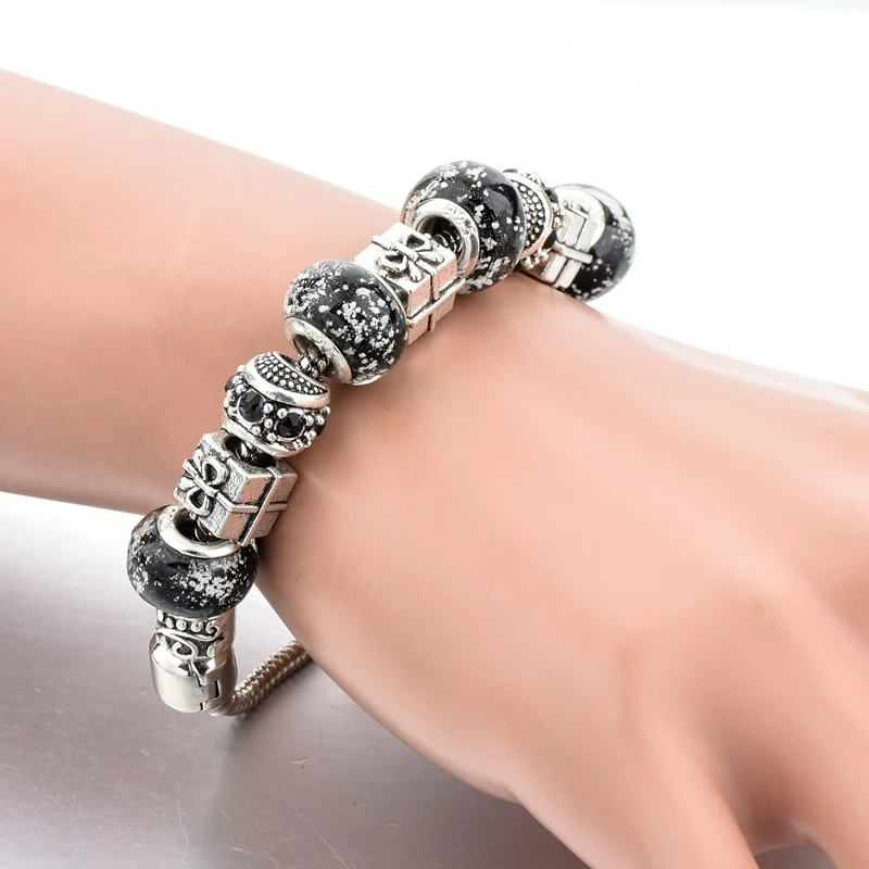 Szelam черные браслеты с подвесками для женщин серебряные муранскими бусинами