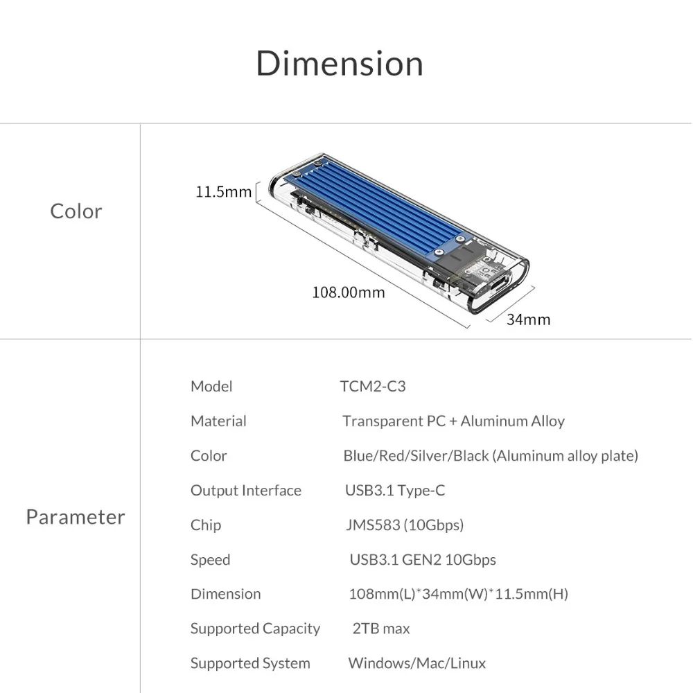 ORICO Mini NVME M.2 на type-c SSD чехол M.2 ключ прозрачный внешний m.2 usb Gen2 10 Гбит/с Поддержка UASP для Samsug SSD