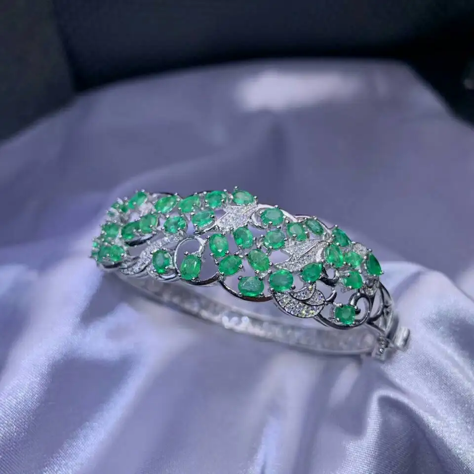 MeiBaPJ Luxurious Real Natural Emerald Gemstone Bracelet 925 Sterling Silver Green Stone Bangle for Women Fine Wedding Jewelry | Украшения