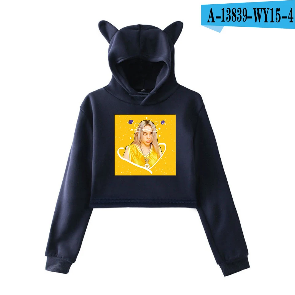 Billie Eilish Толстовка Harajuku милый кот Негабаритных Толстовки Кофты Розовый женский хит-хоп толстовка летняя укороченная верхняя одежда - Цвет: Белый