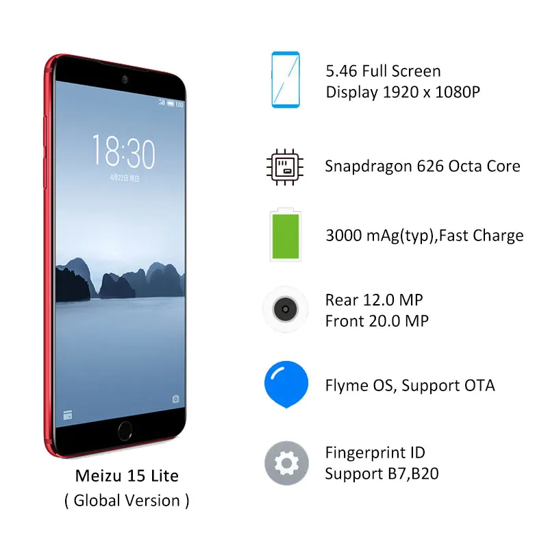 Meizu 15 Lite M15, глобальная версия, 4 Гб, 32 ГБ, 64 ГБ, M871H, мобильный телефон Snapdragon 626, четыре ядра, экран 5,46 дюйма, камера 20 МП
