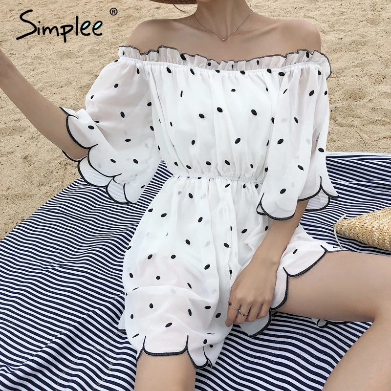 Simplee горошек шифоновый с открытыми плечами комбинезон женский рюшами резинкой в