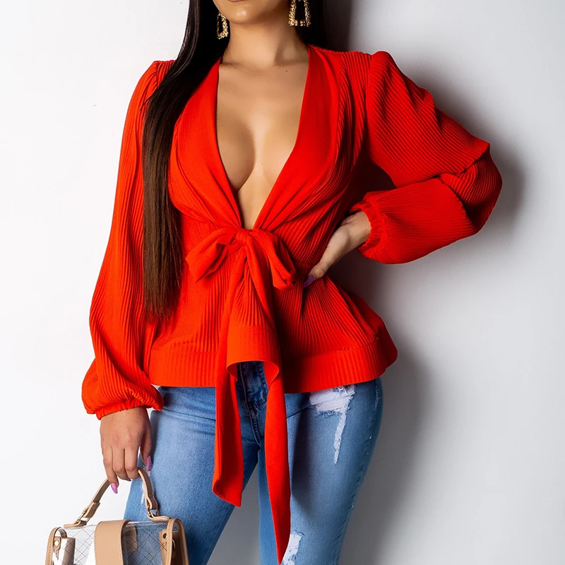 Bow tie waist ruffles hem blouse shirt women Long sleeve v neck Summer chiffon tops femme white wrap blusas streetwear | Женская одежда