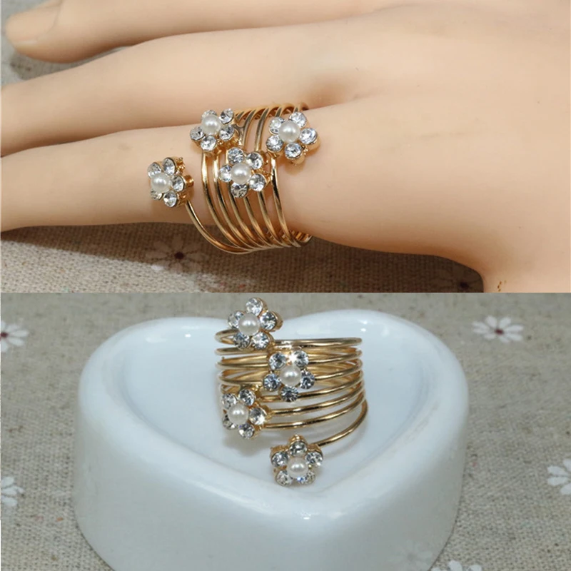 Многослойные кольца с кубическим цирконием четыре цветка искусственный жемчуг