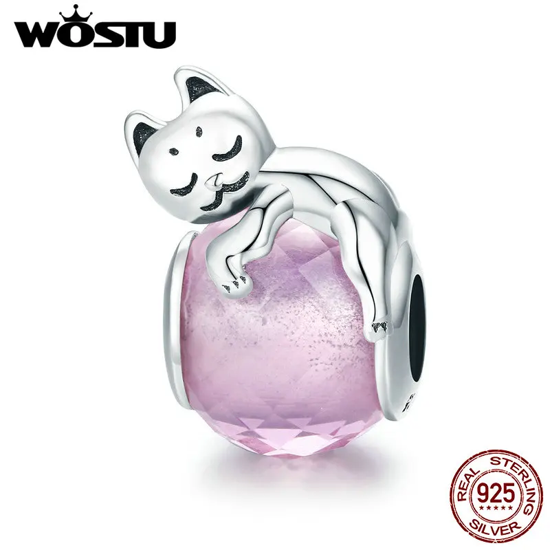WOSTU, 925 пробы, серебряный, животный котенок, киска, кот, шар, шарм, бусины, подходят к оригинальному браслету, большой камень, сделай сам, ювелирное изделие CQC447