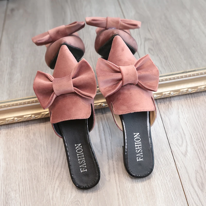 big velvet bow sandals women pointed toe slippers 2017 brand designer bowtie mules ladies summer shoes sandalias mujer y131 | Обувь