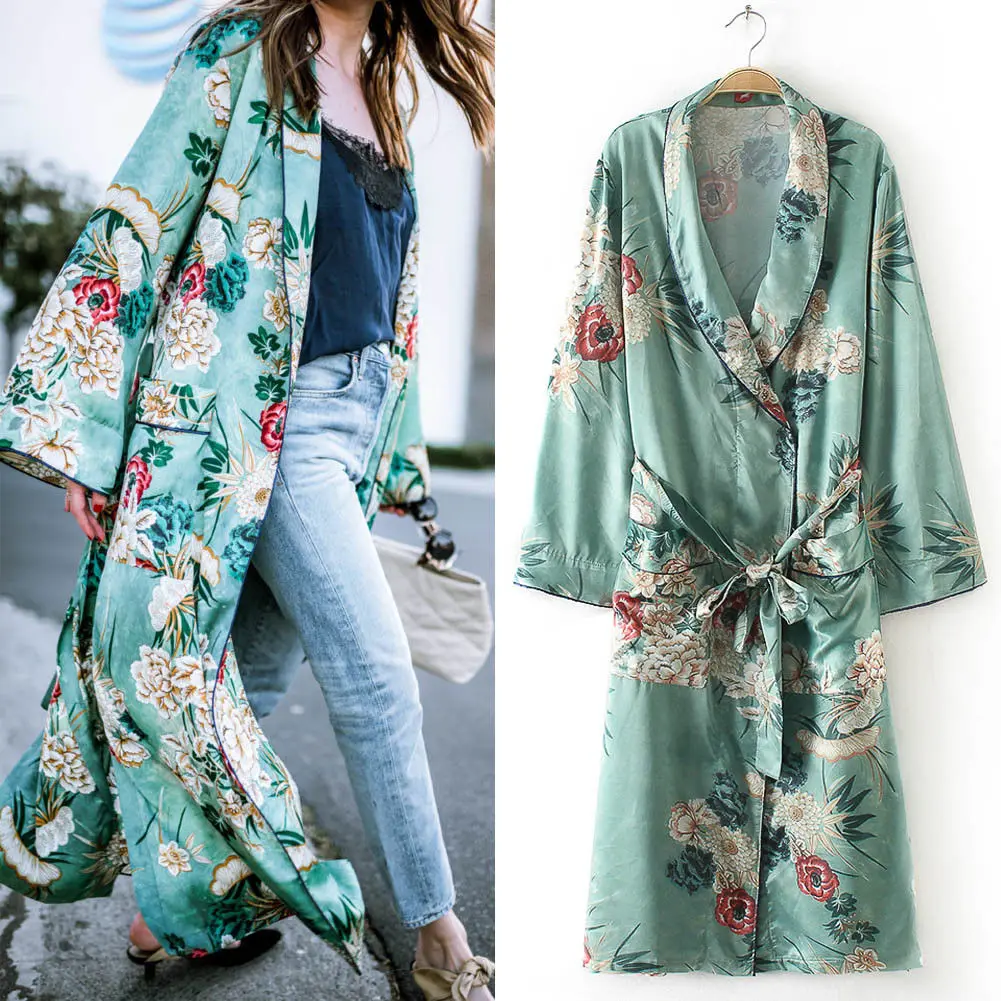 Женский длинный кардиган с цветочным принтом зеленая Повседневная пляжная