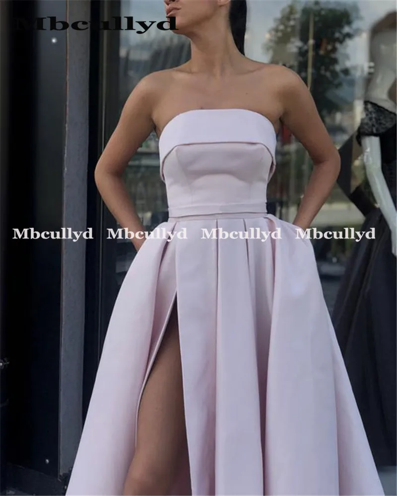 Mbcullyd Sleeveless A Line Prom Dresses 2020 With Pockets Long Split Evening Dress For Women Satin vestidos de fiesta noche | Свадьбы и