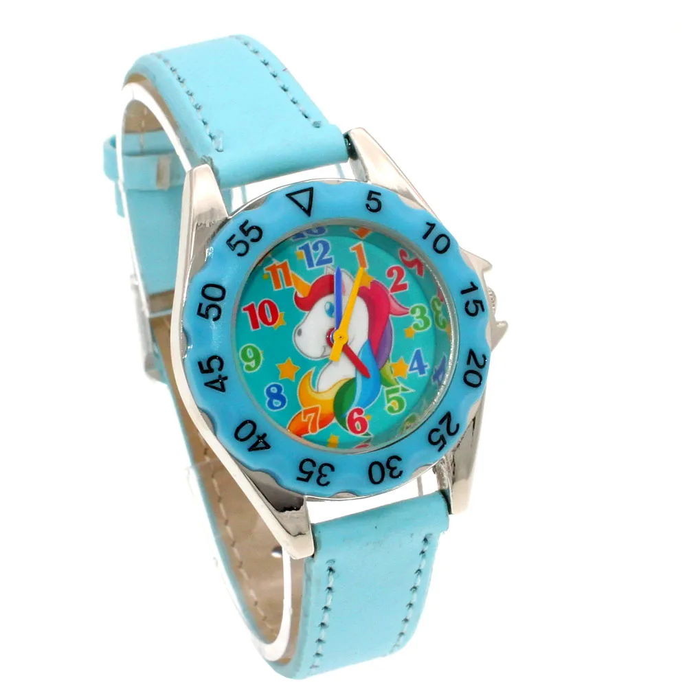 LIGHT BLUE Симпатичные единороги детские часы с персонажами мультфильмов для детей девочек и мальчиков кожаные Наручные часы кварцевые наручные часы подарок Детский час reloj montre relogio U85B - Цвет: LIGHT BLUE