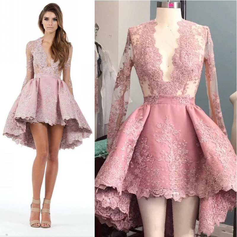 

Pink High-Low Short Prom Gown Full Sleeve A Line Lace Appliques Evening Gowns Custom Made Empire V-Neck Formal Party Dresses