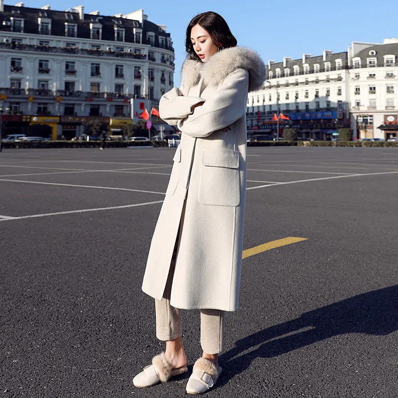 Женское длинное шерстяное пальто с большим меховым воротником размера плюс