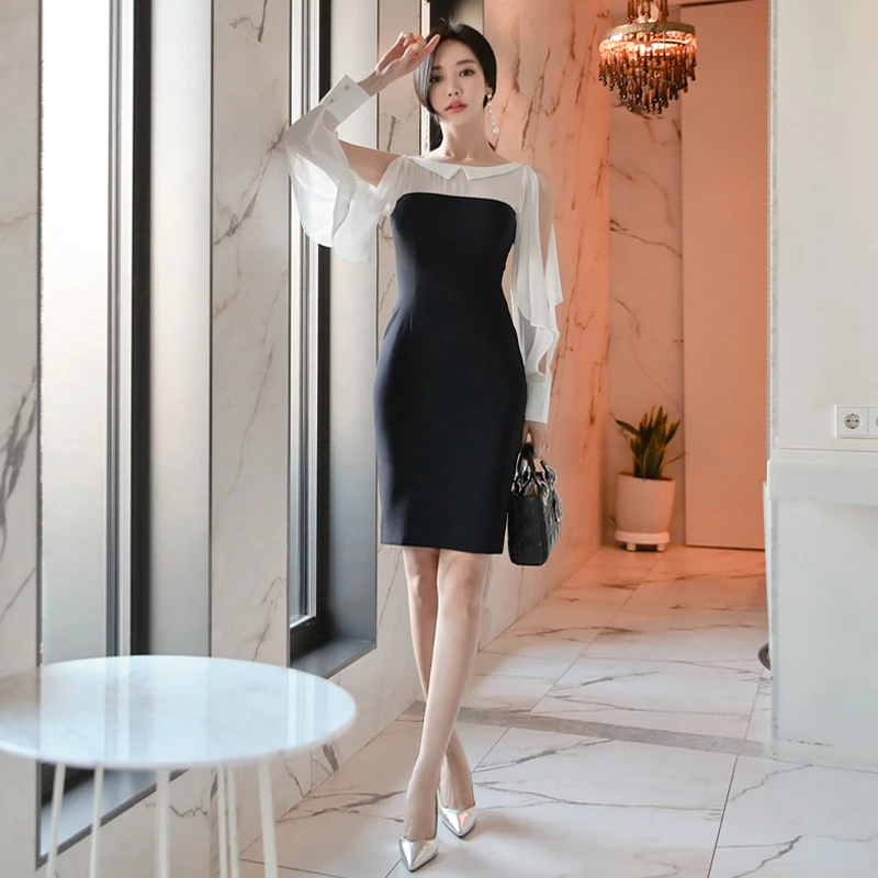 Женское офисное платье с рюшами Элегантное Белое и черное длинными рукавами в