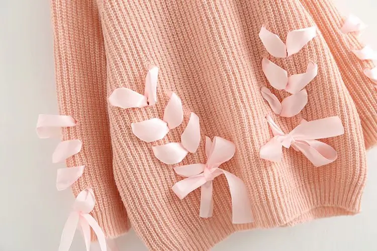 Woman Autumn And Winter Fashion Sweet Korean Version Of The New Handmade Bow Tie Lace Round Pullover Loose Knit Sweater | Женская одежда