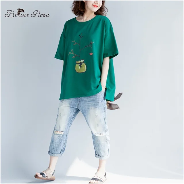 green Корейские повседневные футболки BelineRosa, женская хлопковая футболка, размер 42 44 46 48 50 52, ZRK00069 - Цвет: green