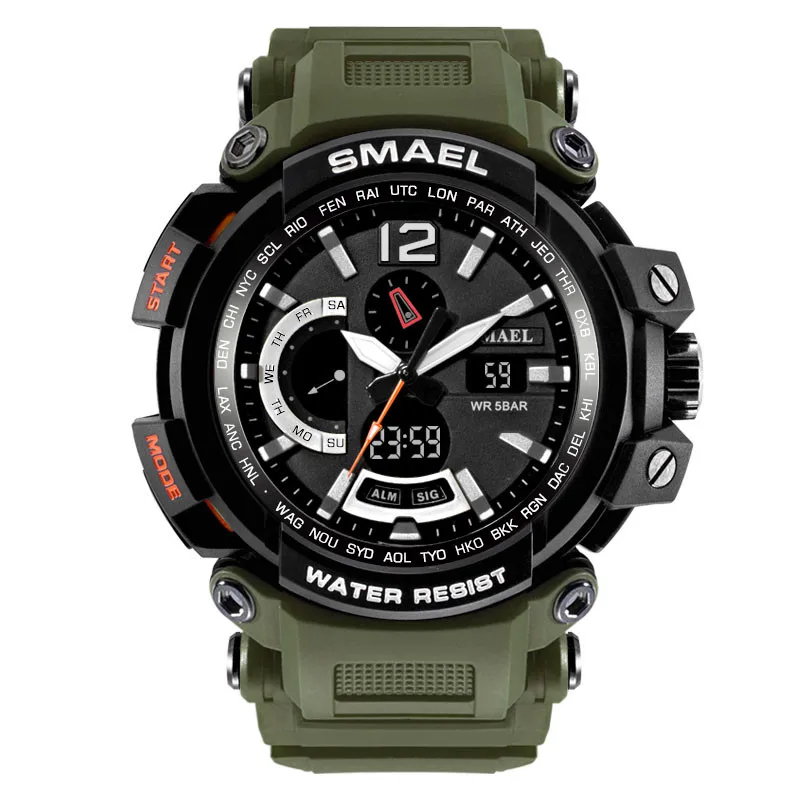 Army Green SMAEL роскошные часы с двойным дисплеем Для мужчин Спорт Многофункциональный Водонепроницаемый светодиодный электронный цифровые часы будильник дни недели и дата Reloj - Цвет: Army Green