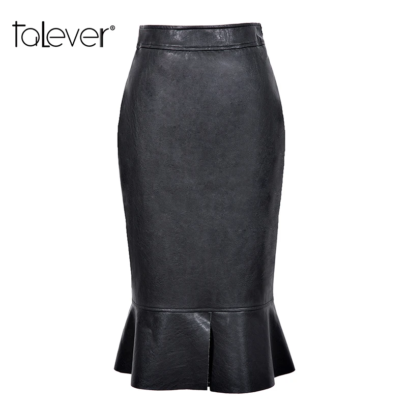 Talever Women's Black Spring Slim Hip Skirt Fashion PU Leather Ruffles Solid Bottom Sexy Office Lady Sheath Pencil | Женская одежда